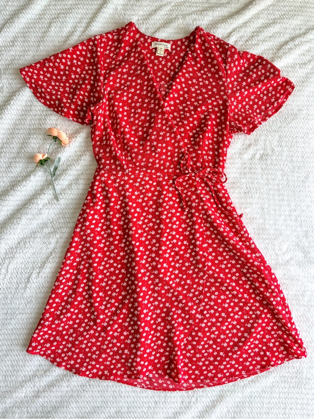 Monteau Los Angeles Red Floral Faux Wrap Mini Dress Flutter Sleeve L Cottagecore